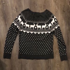 LOFT Dark Grey White Wool Blend Deer Sweater